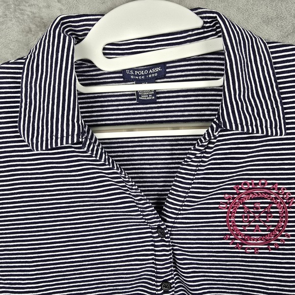 U.S. Polo Assn. Other - US Polo Assn Kids XL Navy Blue White Striped Short Sleeve‎ Polo Shirt Pink Logo